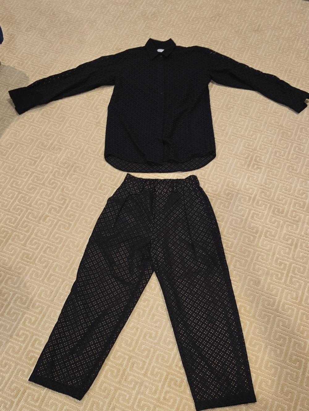 Kimberly Taylor Black Eyelet Button-Down Shirt & Matching Pants Set, Size Large